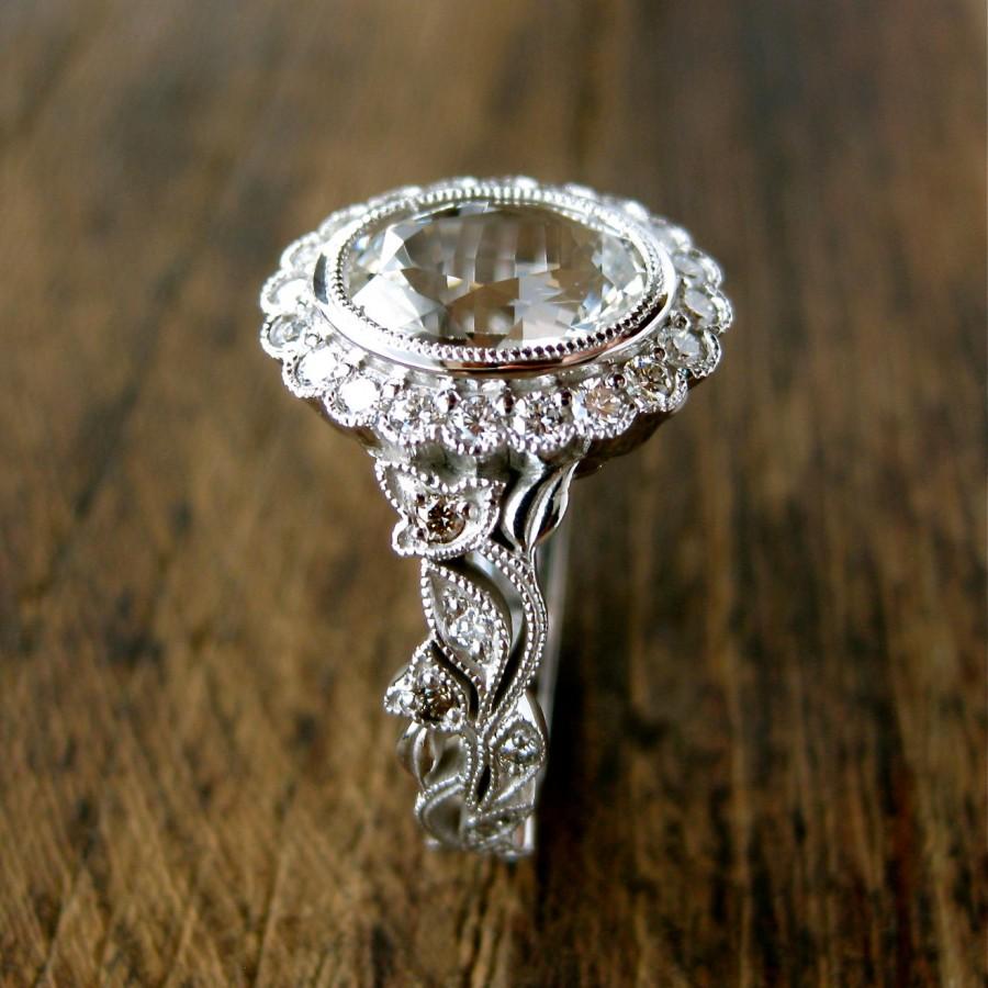 زفاف - Natural White Sapphire Vine Engagement Ring in 14K White Gold with Champagne Diamonds in Flower Blossoms Size 7