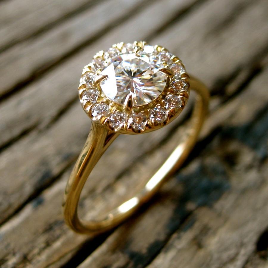 Свадьба - Forever Brilliant Moissanite Engagement Ring with Diamonds in 18K Yellow Gold Size 10