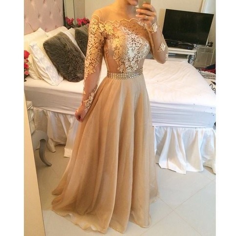 Mariage - Fancy Scoop Champagne Lace Prom Dress with Long Sleeves from Tidetell