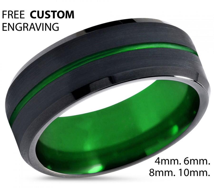 Hochzeit - Tungsten Ring Mens Black Green Wedding Band Tungsten Ring Tungsten Carbide 8mm Tungsten Man Wedding Male Women Anniversary Matching