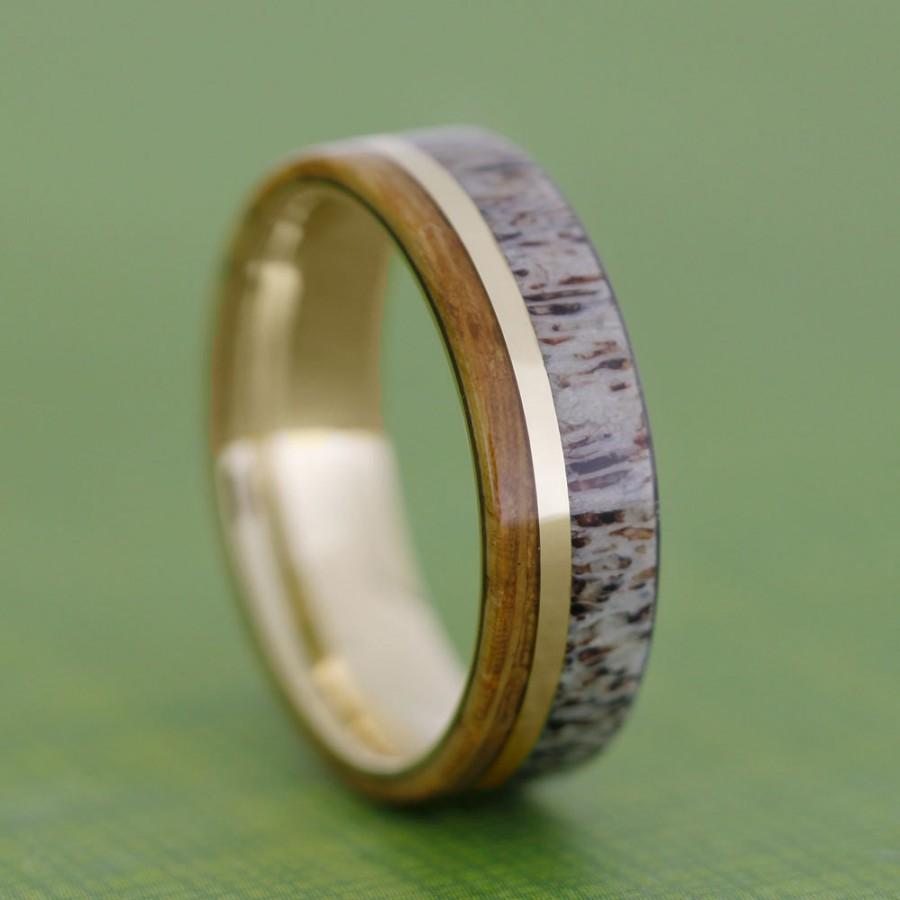 زفاف - 10k Yellow Gold Wedding Band, Deer Antler Ring, Whiskey Barrel Wood Ring, Custom Jewelry