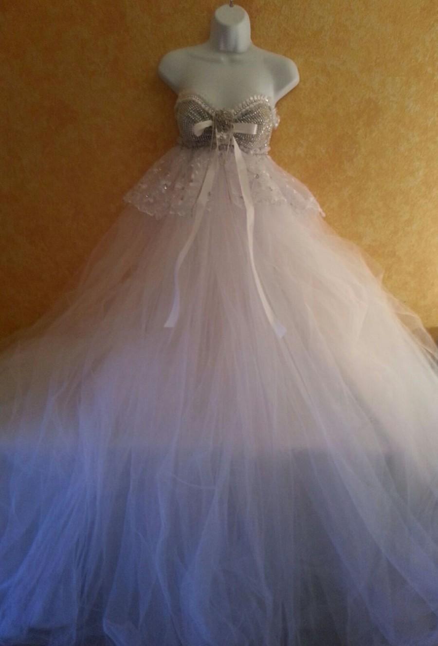 Wedding - Sample Gown Listing / White Silver Angel Goddess Crystal Rhinestone Boho Babydoll Tulle Tutu Empire Waist Bridal Ballgown Party Beach Garden