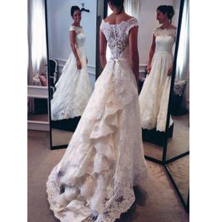 زفاف - Chic Design Lace Top Long A-line Unique Style Scoop Sleeve Wedding Party Dresses, WD0102