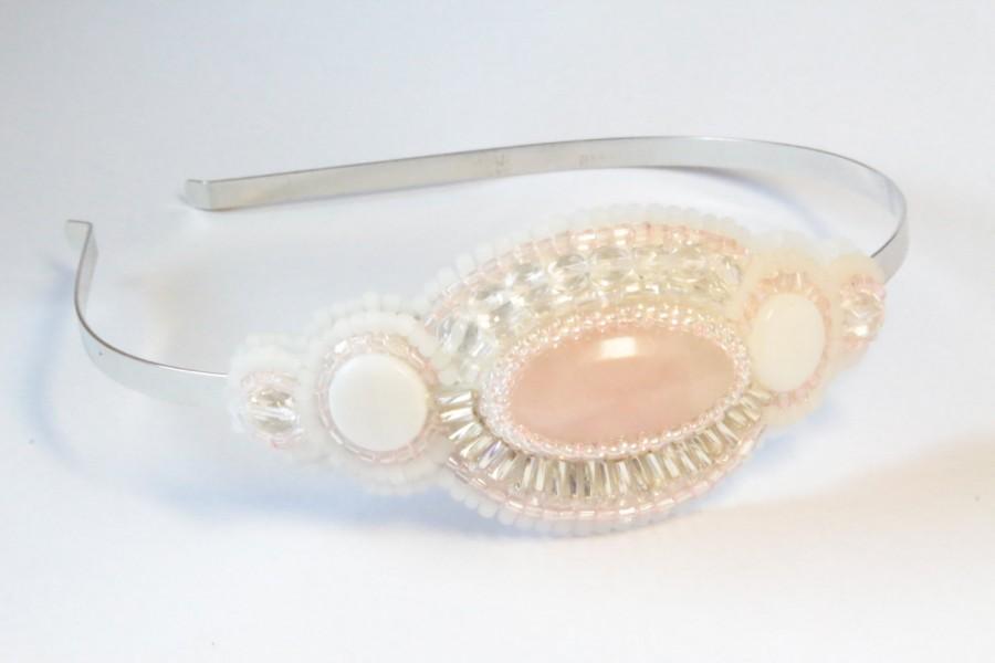 Wedding - Headband in White and Pink. Bead embroidered headband. Gemstone Hair Accessory. Wedding headband.  Rose quarz hadband