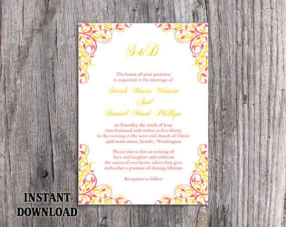 Свадьба - DIY Wedding Invitation Template Editable Word File Instant Download Printable Coral Invitation Pink Yellow Invitation Elegant Invitation