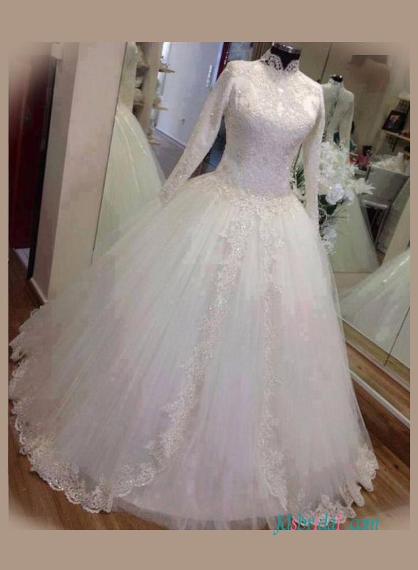 Mariage - Modest high neck long sleeved ball gown wedding dress