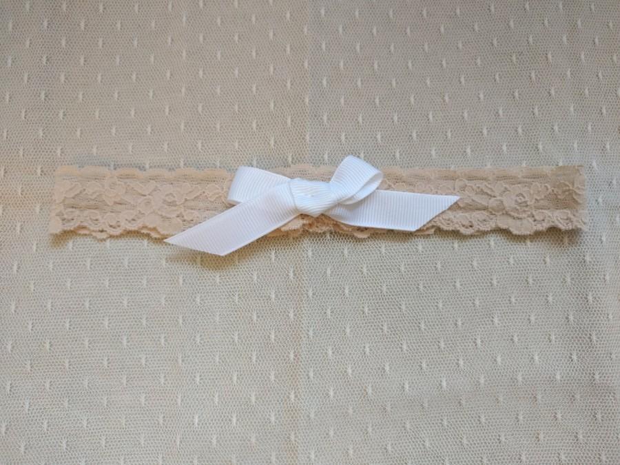 Mariage - Custom Sized Cream Floral Stretch Lace Garter/Headband with White Grosgrain Bow