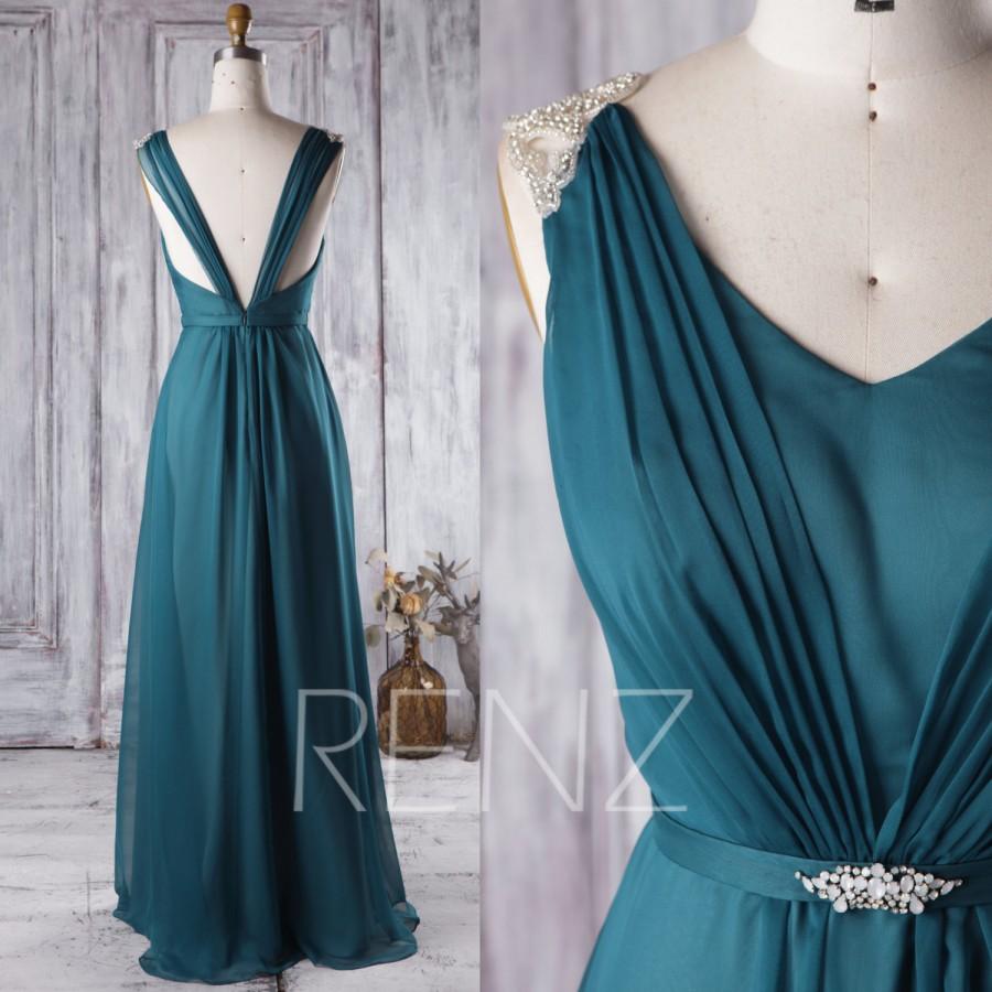 زفاف - 2016 Blue Ink Bridesmaid Dress with Beading, Backless Wedding Dress, Ruched V Neck Prom Dress, A Line Evening Gown Floor Length (H288)