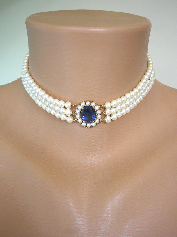 Sapphire Bridal Choker Wedding Necklace Great Gatsby Pearl