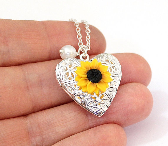 Wedding - Sunflower Heart locket necklace, Gold Sunflower, Silver Plated Sunflower Locket, Birthday Gift, Sunflower Photo Locket