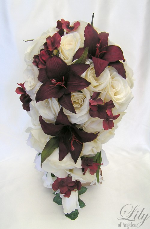 Mariage - 17 Pieces Package Silk Flower Wedding Decoration Bridal Cascade Bouquet IVORY BURGUNDY "Lily Of Angeles"