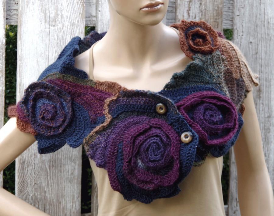 Свадьба - Crochet  Scarf  Capelet Roses Neck Warmer Unique Freeform crochet Schadows Purple Navy blue  green brown Women Freeform Crochet