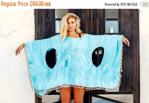 Wedding - 30% SALE Mint bohemian poncho top with ponpons - women plus size tunic - one size bat sleeve top