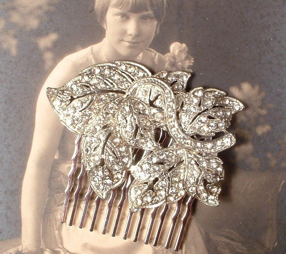 Wedding - Original Art Deco Bridal Hair Comb, Art Nouveau Pave Rhinestone 1920 Silver Leaf Vintage/Antique Dress Clip to OOAK Hairpiece Downton Abbey