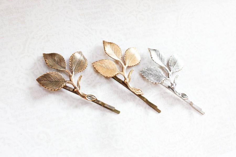 Mariage - Branch Bobby Pins Rose Leaf Hair Pin Antiqued Gold Leaf Bobbies Rustic Nature Woodland Wedding Silver Leaves Hair Grips Bridesmaids Gift
