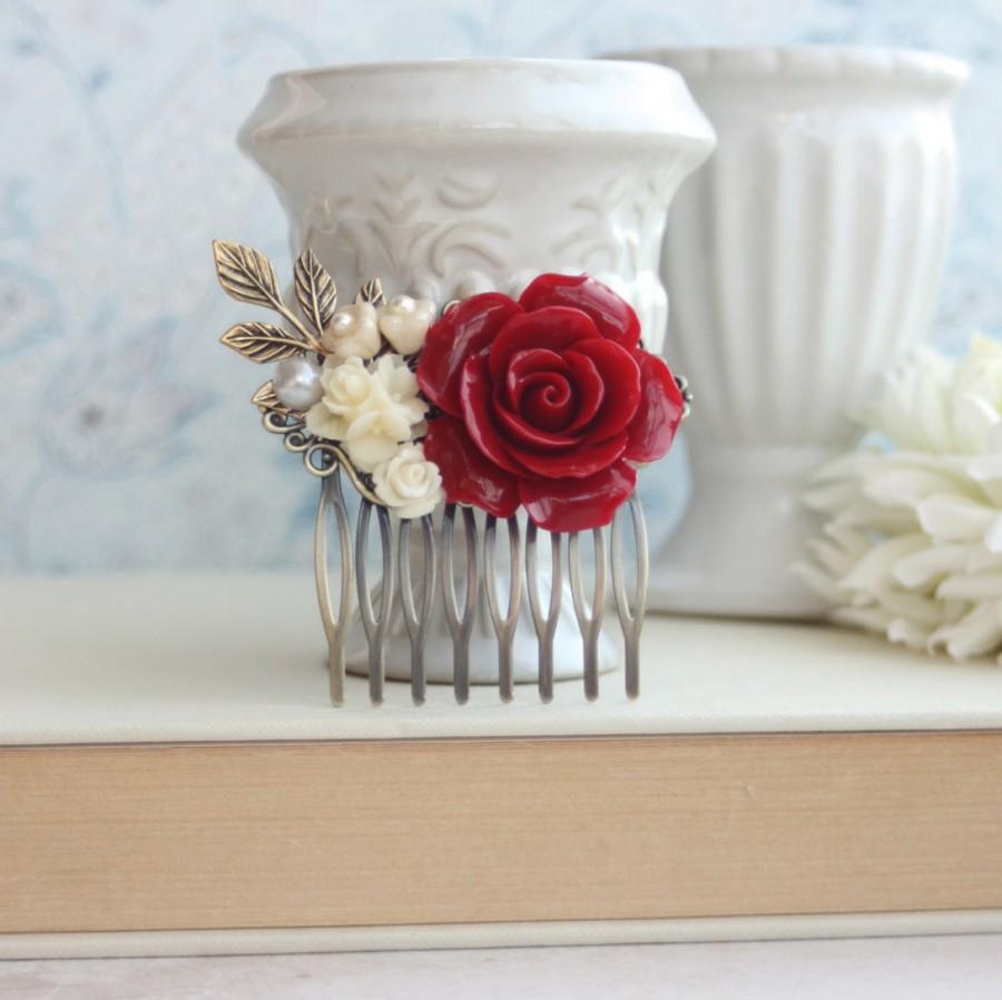 Wedding - Red Rose Flower Comb, Red Wedding, Red, Pearl Brass Leaf Hair Comb Bridesmaid Gift Red Bridal Rustic, Red Bridal Hair Piece Brass Comb