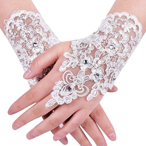 Mariage - Lace Fingerless Rhinestone Bridal Gloves