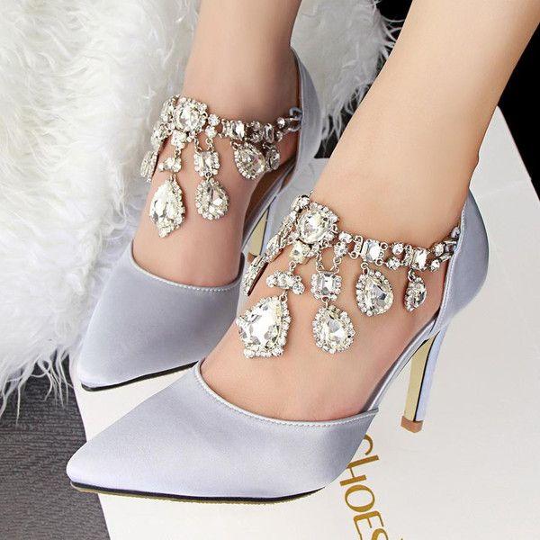 زفاف - Pointed Toe Style Buckle Rhinestone Grey Women Shoes