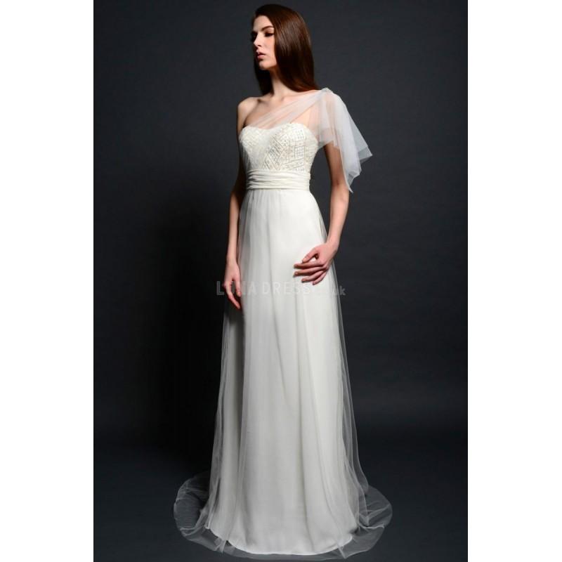 Hochzeit - Column One Shoulder Tulle & Chiffion Empire Waist Brush Train Modern Wedding Gown - Compelling Wedding Dresses