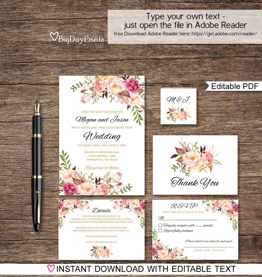 Свадьба - Floral Wedding Invitation Template, Boho Chic Wedding Invitation Suite, Wedding Set, , Editable PDF - you personalize at home.