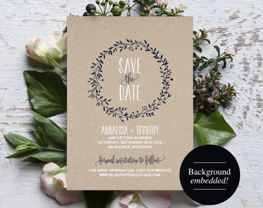 Wedding - Save the Date Template, Navy Blue Save the Date, Rustic Save the Date, Wreath, Template, Wedding Printable, PDF Instant Download 