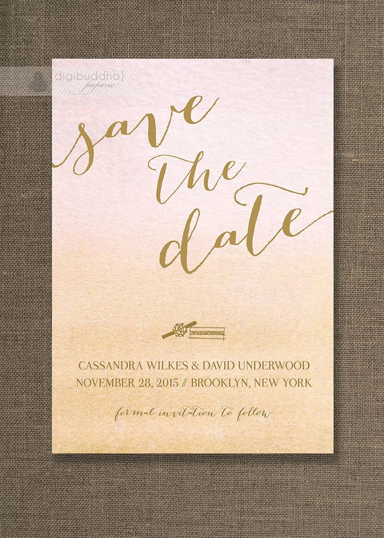 Wedding - Gold & Ombre Watercolor Save The Date Card Invitation Rings Pink Peach Shabby Chic  FREE PRIORITY SHIPPING or DiY Printable - Cassandra