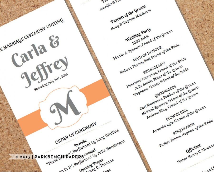 زفاف - Printable Wedding Program Template- Orange and Grey Ribbon