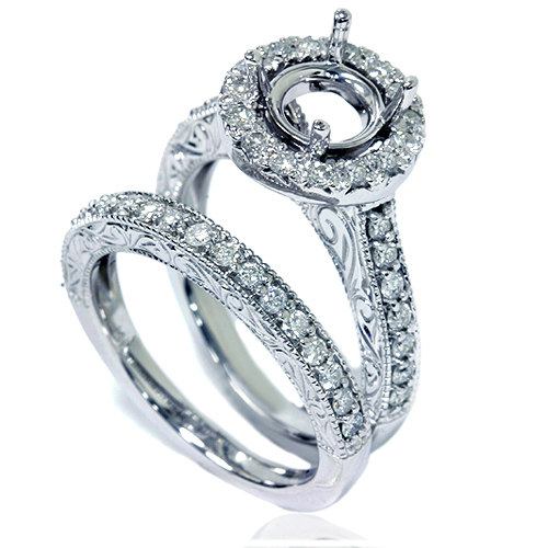 Wedding - Vintage 1.00CT Halo Diamond Engagement Ring Setting White Gold Semi Mount Antique Hand Engraved Wedding Size 4-9 Fits 6.5-7.5MM