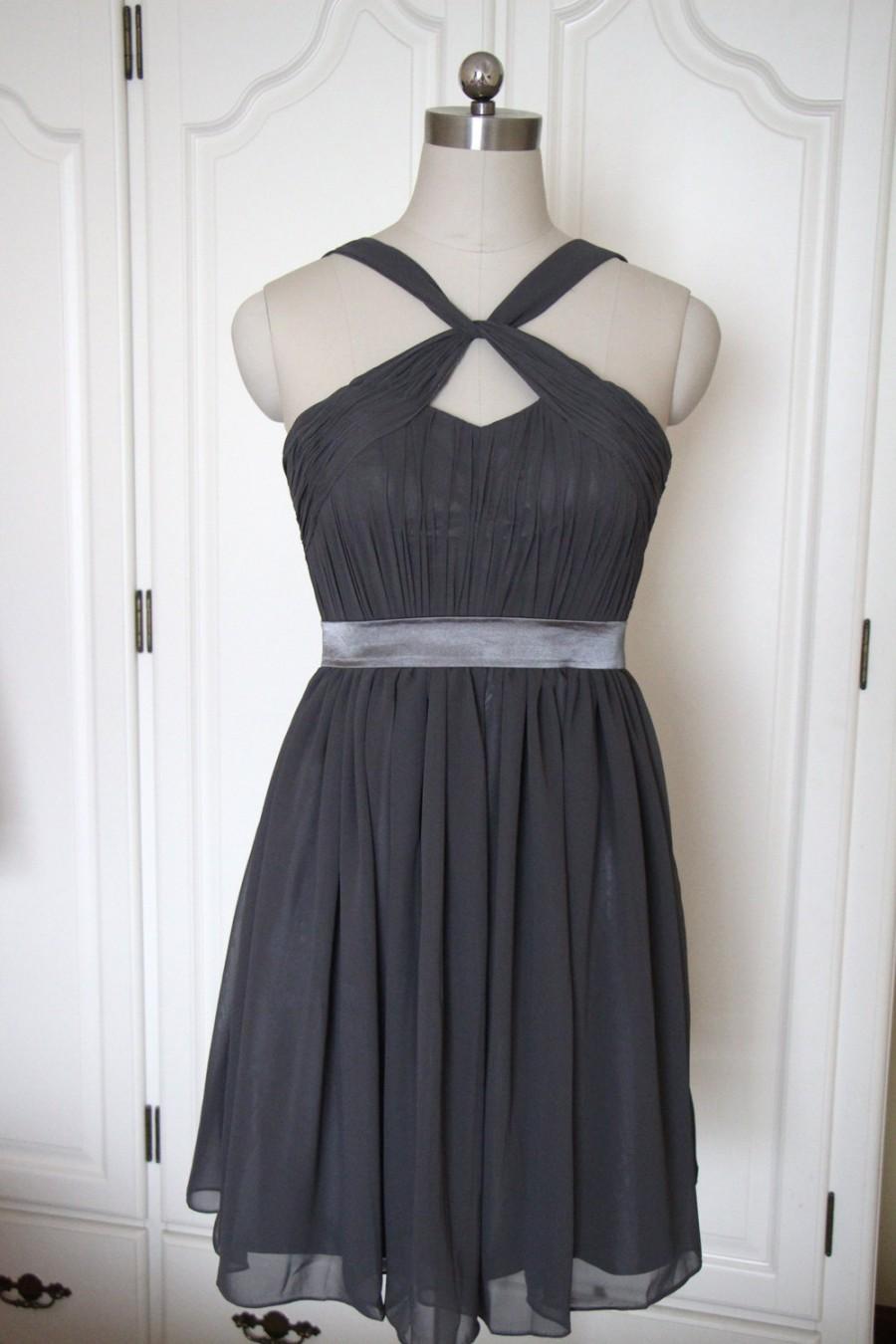 Свадьба - Dark Gray Short Halter Bridesmaid Dress Grey Chiffon Knee-length Bridesmaid Dress-Custom Dress
