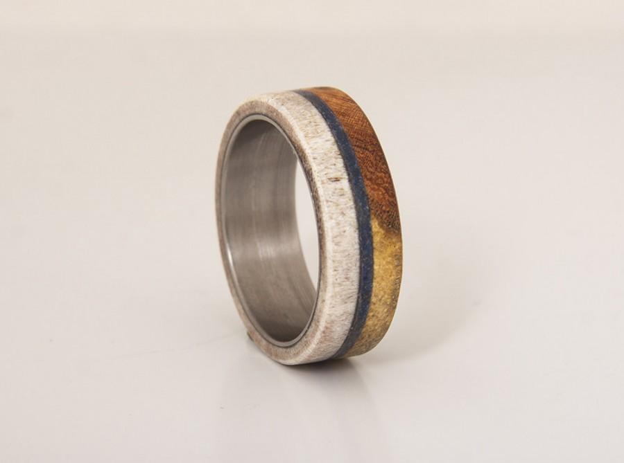 Wedding - Antler lapis Wedding Band // mens wedding ring band // Engagement antler ring // Antler ring Iron wood ring bocote and Lapislazuli