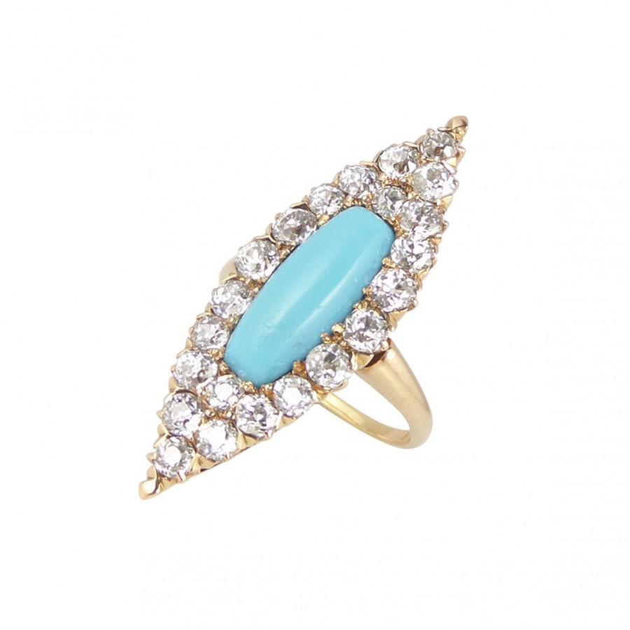Wedding - 18ct Gold Victorian Turquoise Diamond Ring, Antique Turquoise Engagement Ring, Victorian Turquoise Ring, Victorian Engagement, Marquise