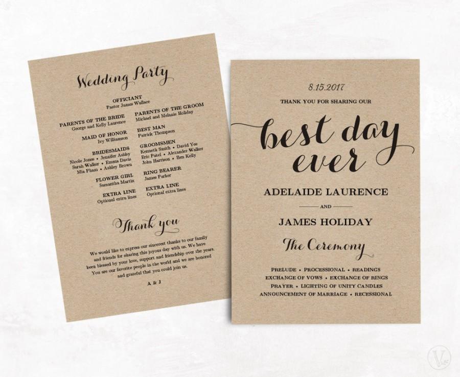 Hochzeit - Wedding Program Template, Kraft Paper Program, DIY Wedding Program, 3 Colors Included, EDITABLE Text, 5x7, Best Day Ever