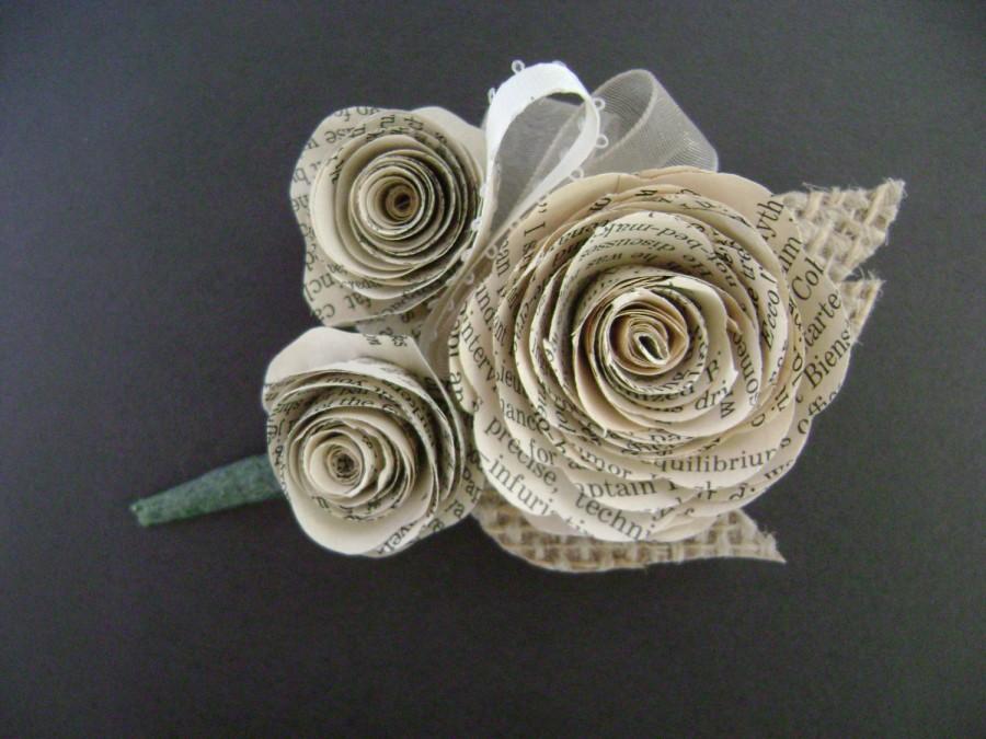 Hochzeit - vintage book page spiral rose wedding corsage or boutonniere with burlap leaves for lapel or wrist