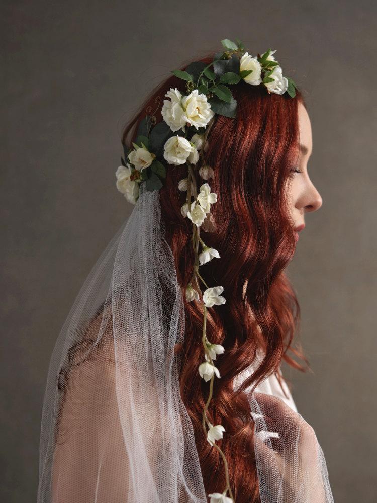 Wedding - Bridal crown veil, white flower headpiece, wedding veils, cathedral veil, floral crown, woodland wedding, bridal accessory - Lady Guinevere