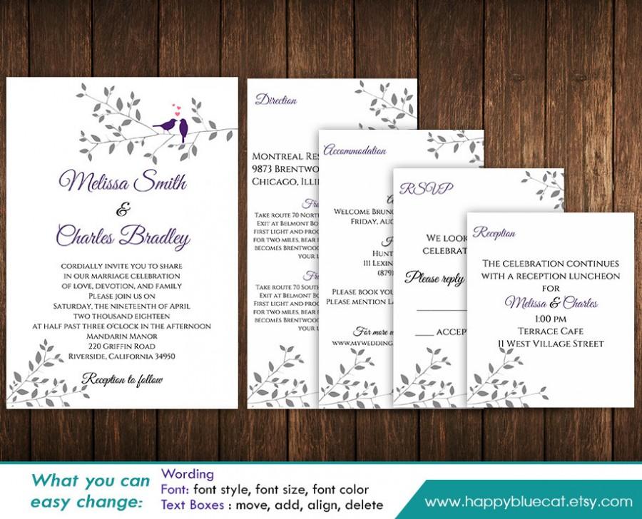 Hochzeit - DiY Printable Pocket Wedding Invitation Template SET- Instant Download -EDITABLE TEXT- Tree Branch Love Birds - Microsoft® Word Format HB123