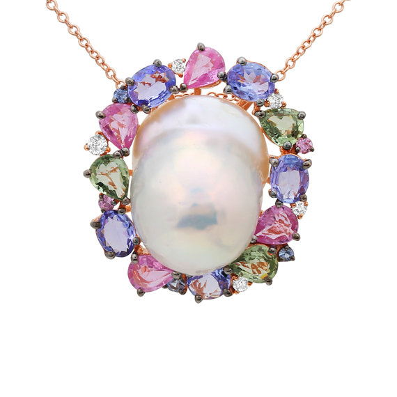 Свадьба - Black Friday 2016 Sale, Baroque Freshwater Pearl, Sapphire, Tanzanite & Diamond Pendant Necklace 14k Rose Gold, Pearl Pendants, Anniversary Gifts, Wedding Jewelry