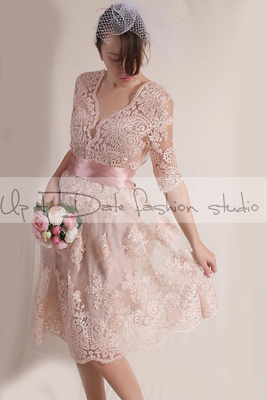 Hochzeit - Plus Size blush pink party /evening /Cocktail /lace dress/ knee length/ romantic dress