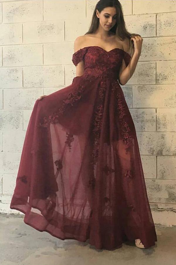 Свадьба - Trendy Off Shoulder Floor Length Burgundy Prom Dress with Appliques