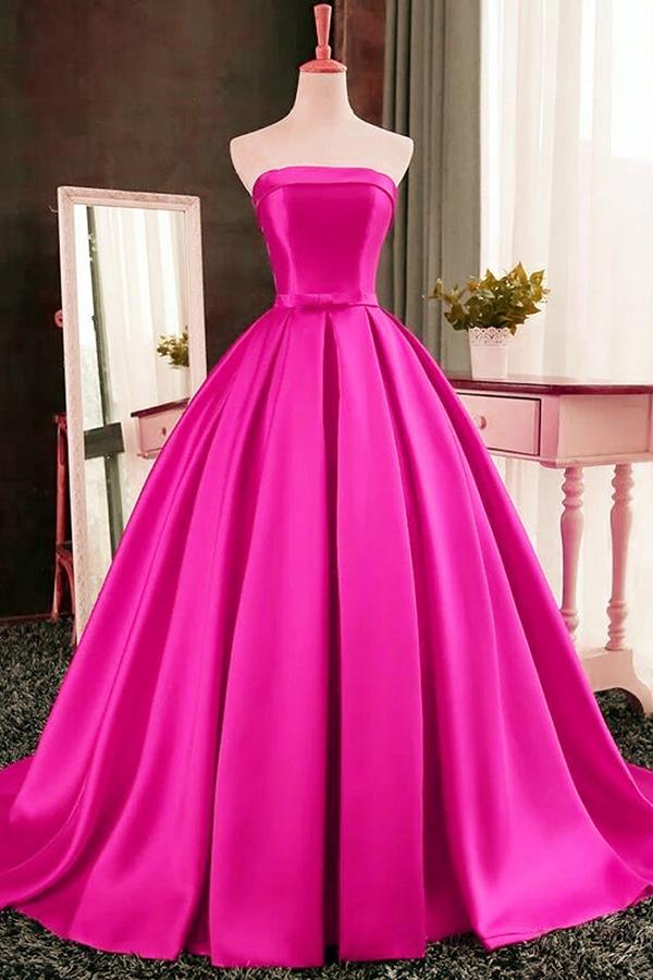 Mariage - Elegant Strapless Sweep Train Ball Gown Red Pleats Prom Dress with Bow