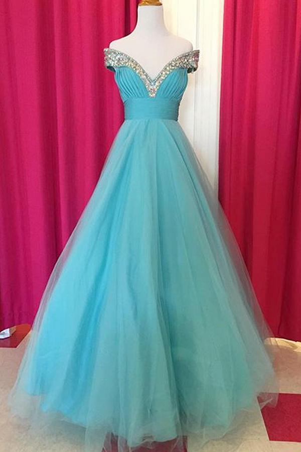Hochzeit - Fabulous Off Shoulder Floor Length Blue Ruched Prom Dress with Beading