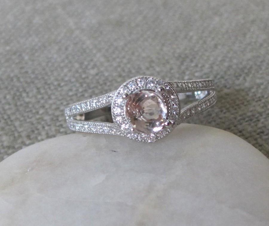 Hochzeit - Round Cut Morganite Ring- Engagement Ring- Wedding and Engagement- Bridal Ring- Round Setting Ring- Halo Ring- Sterling Silver 925 Ring