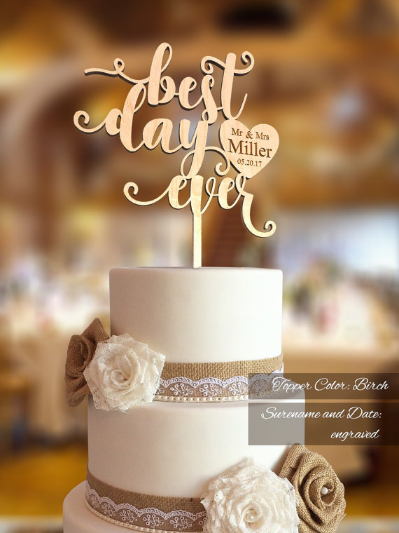Mariage - Wedding Cake Topper. FN30. Best Day Ever Wedding Cake Topper. Mr Mrs and Custom Surname engraved. Rustic Wedding Cake Topper.