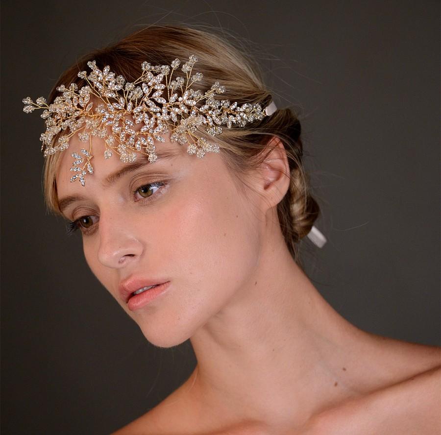 Hochzeit - Bridal wedding flower grecian Gold headpiece, Gatsby Bride vine beaded headband,Bohemian crystal rhinestone leaf hair crown Halo Jewellery