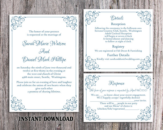 Wedding - DIY Wedding Invitation Template Set Editable Word File Instant Download Printable Floral Invitation Blue Invitation Elegant Invitations