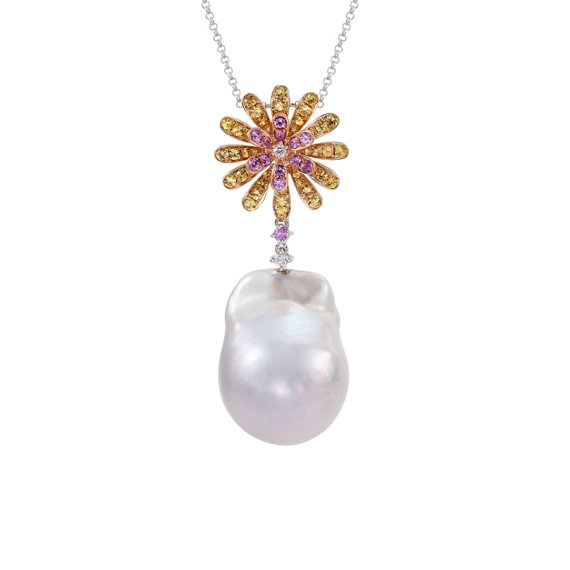 Wedding - Black Friday SALE Baroque Freshwater Pearl, Pink & Yellow Sapphire Diamond Flower Pendant Necklace, Cyber Monday 2016 Black Friday Jewelry Sales Amazon, Ebay Walmart, Designs