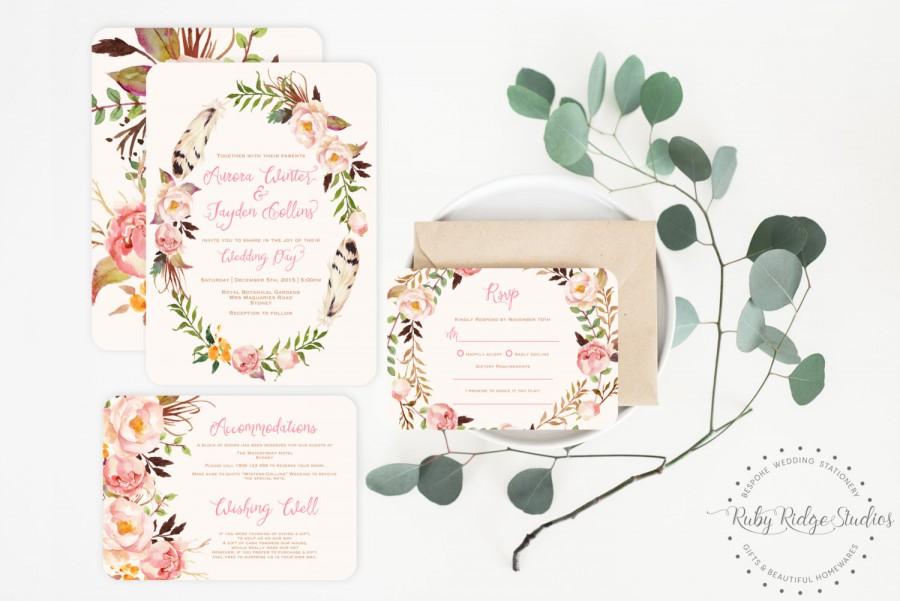 Hochzeit - Bohemian Blush Watercolor Floral Wedding Invitation 