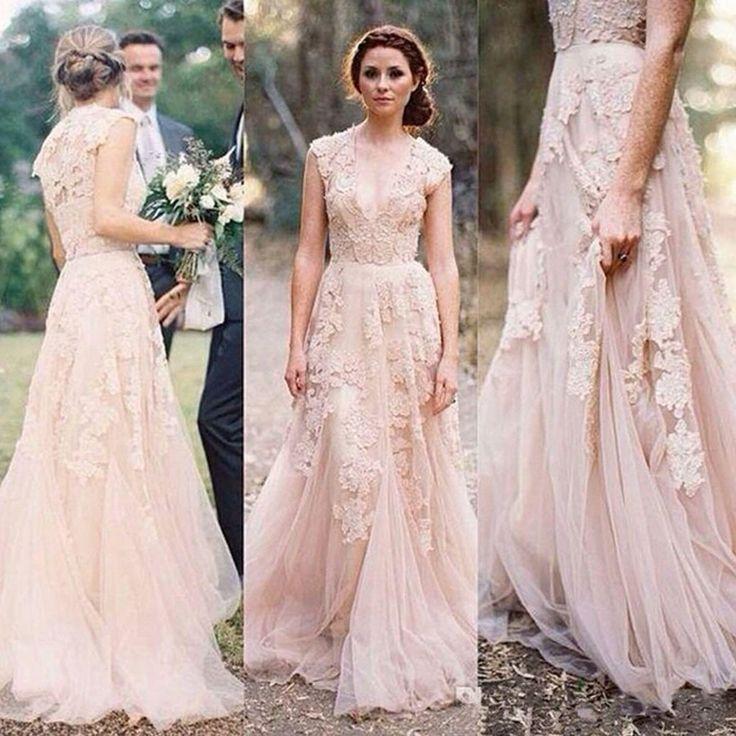 Wedding - Charming Pink Lace Sexy V-neck Long Sheath Tulle Wedding Party Dresses, WD0139