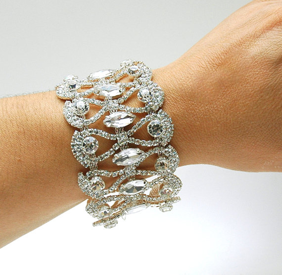 Wedding - Bridal Cuff Bracelet Art Deco Silver Crystal Bracelet, Gold Rhinestone Bracelet, Wedding 1920s Old Hollywood Bracelet, Ayansiweddingdesigns