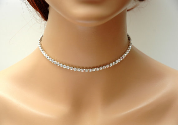 زفاف - Rhinestone Choker Necklace, Bridal Necklace Rose Gold Choker, Silver Diamante Choker Necklace, Wedding Jewelry, Bridesmaids Gift