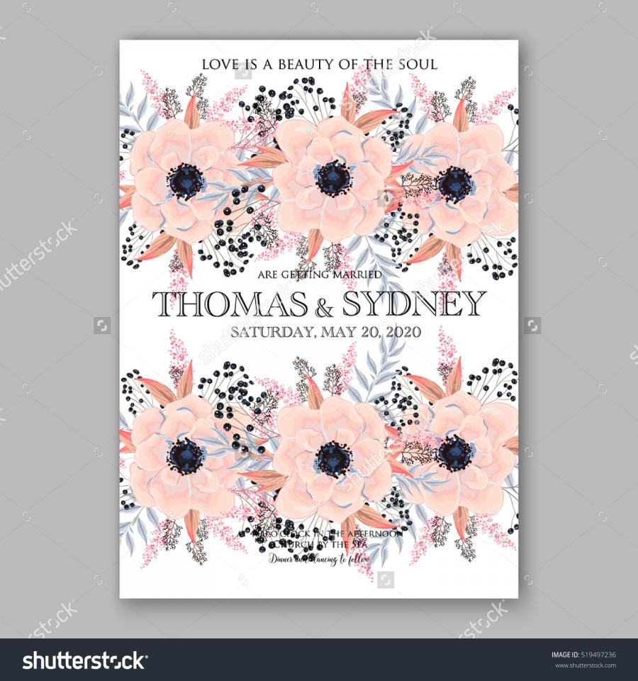 زفاف - Wedding Invitation Floral Wreath with pink flowers Anemones, leaves, branches, wild Privet Berry, vector floral illustration in vintage watercolor style